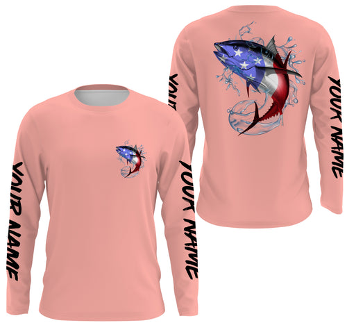 Tuna Fishing American Flag Custom Women Long Sleeve Fishing Shirts, Patriotic Fishing gifts | Peach pink IPHW1805