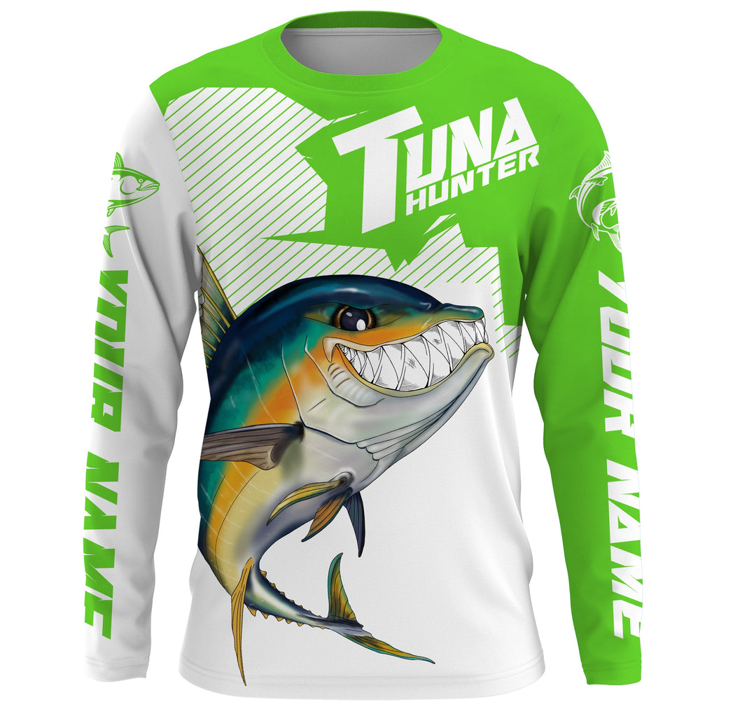 Angry Yellowfin Tuna Custom Long sleeve Fishing Shirts, Tuna hunter Fishing jerseys | green IPHW3384