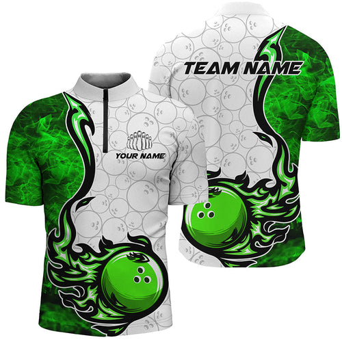 Custom Green Flame Bowling Shirts For Men Bowling Ball Pattern Bowling Team Jerseys For Bowlers IPHW5510