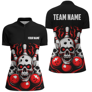 Custom Red Skull Bowling Team Shirts, Flame Bowling Jerseys Bowlers Shirts For Women IPHW5840
