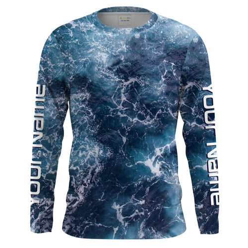 Custom Saltwater Long sleeve Fishing Shirts UV Protection, Sea wave camo Fishing Shirts - IPHW879