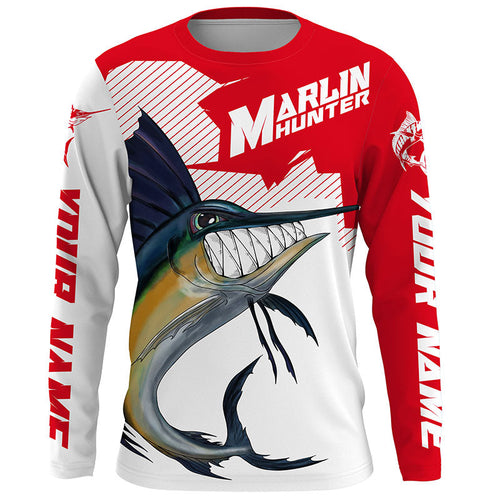 Marlin hunter Fishing jerseys, Custom Angry Marlin Long sleeve performance Fishing Shirts |red IPHW3405