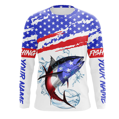 Personalized Tuna American Flag Uv Protection Fishing Shirts, Tuna Saltwater Fishing Shirt IPHW3755