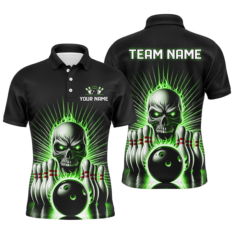 Green Flame Skull Custom Bowling Polo/ Quarter-Zip Team Shirts For Men Women, Bowler'S Outfits IPHW6023