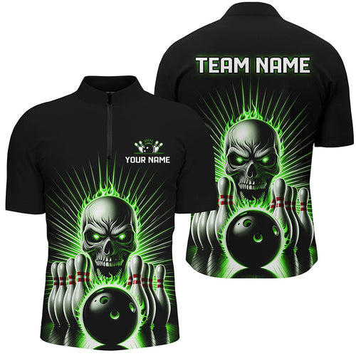 Green Flame Skull Custom Bowling Polo/ Quarter-Zip Team Shirts For Men Women, Bowler'S Outfits IPHW6023