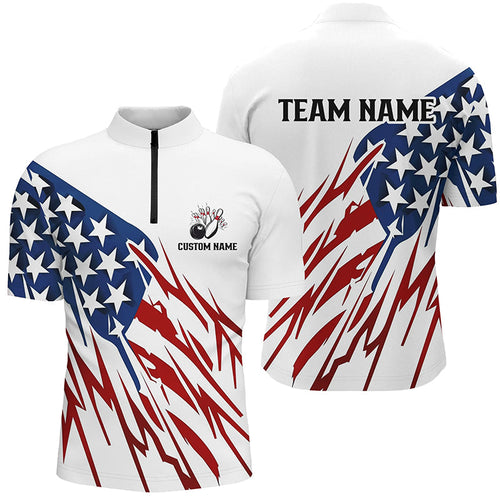 Custom American Flag Unisex Bowling Team Shirts, Patriotic Bowling Polo / Quarter-Zip Shirts IPHW6027