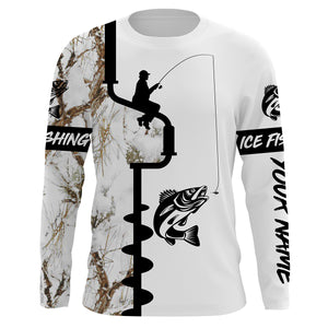 Ice fishing Walleye Fishing apparel winter snow camo UV protection quick dry customize name long sleeves shirts personalized fishing clothing gift for adults and kids - IPH2077