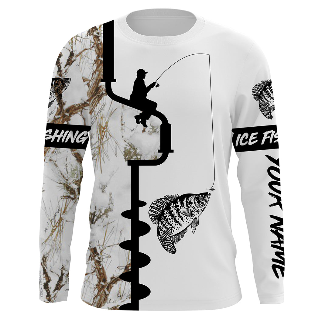 Ice fishing Crappie winter snow camo UV protection quick dry customize name long sleeves shirts personalized fishing clothing gift for adults and kids - IPH2078