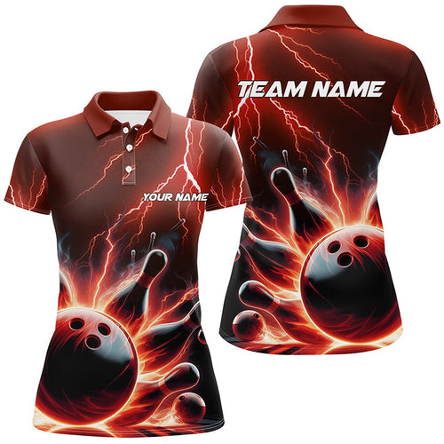 Custom Women Bowling Polo Shirts Red Thunder Lightning Bowling Strike Bowling Team Shirts IPHW5404