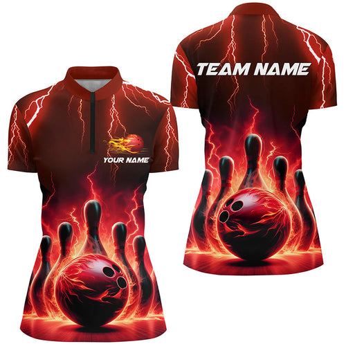 Womens Bowling Quarter Zip Shirts Custom Red Thunder Lightning Bowling Team Jerseys IPHW5407