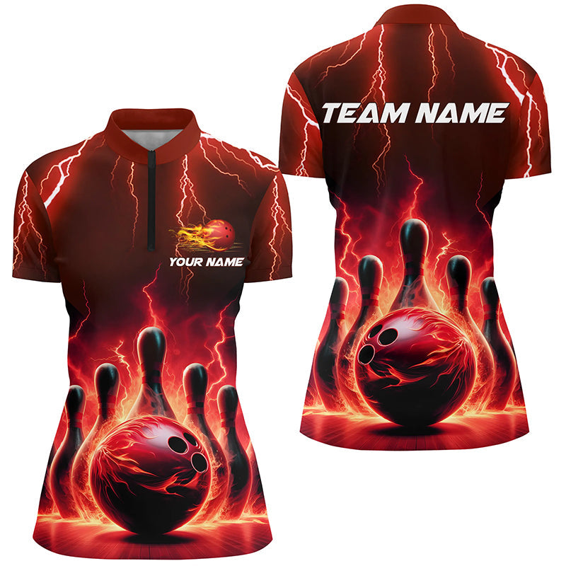 Womens Bowling Quarter Zip Shirts Custom Red Thunder Lightning Bowling Team Jerseys IPHW5407
