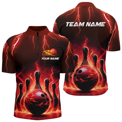 Mens Bowling Quarter Zip Shirts Custom Red Thunder Lightning Bowling Team Jerseys Bowler Outfits IPHW5407