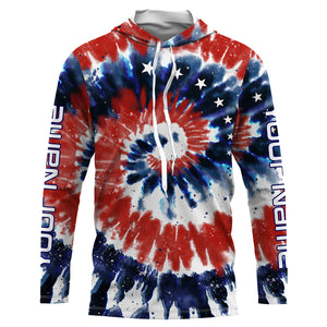 Red White and Blue American Tie dye Flag Custom UV Long Sleeve Fishing Shirts, Patriotic Fishing Shirts - IPHW1714