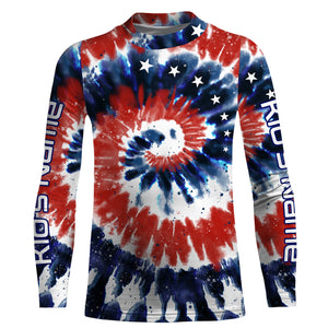 Red White and Blue American Tie dye Flag Custom UV Long Sleeve Fishing Shirts, Patriotic Fishing Shirts - IPHW1714