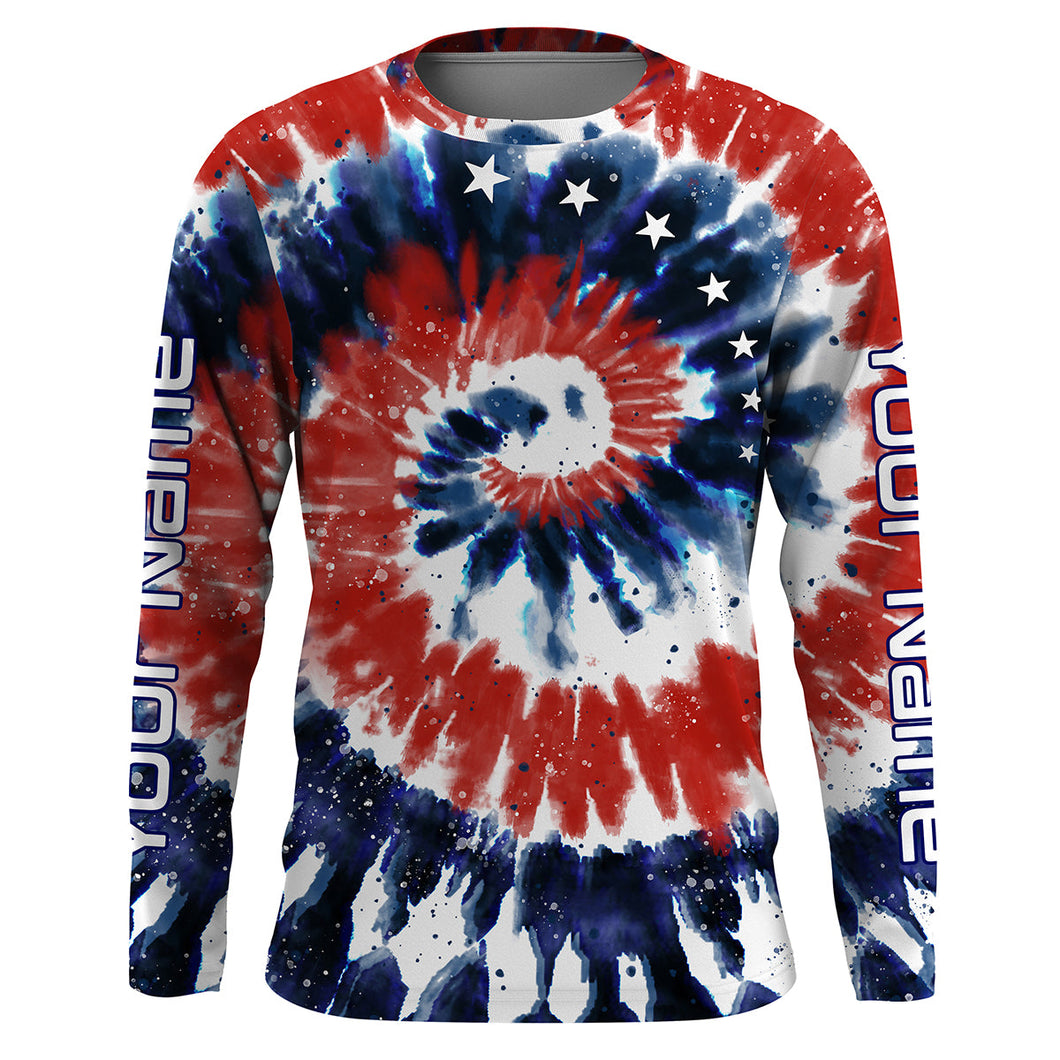 Red White and Blue American Tie dye Flag Custom UV Long Sleeve Fishing Shirts, Patriotic Fishing Shirts - IPHW1714