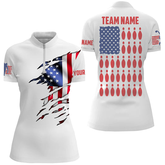 Quarter Zip Custom Mens Bowling Shirts, Customizable American Flag Bowling Pin Quarter Zip Shirt For Team IPHW3809