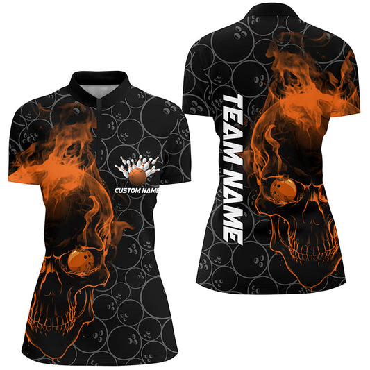Custom Orange Skull Women Bowling Quarter Zip Shirts Team Bowling Jerseys Bowling League IPHW5415