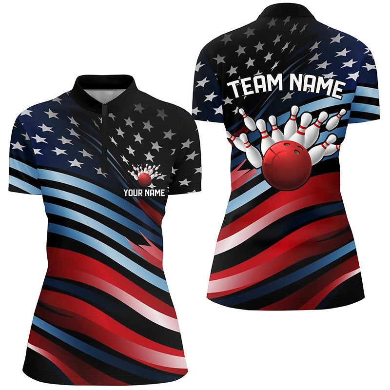 Custom American Flag Team Bowling Quarter Zip Shirts For Women, Patriotic Bowling Jerseys IPHW5248
