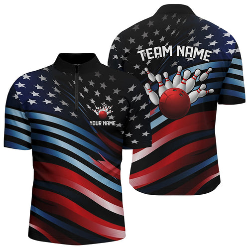 Custom American Flag Team Bowling Quarter Zip Shirts For Men, Patriotic Bowling Team Jerseys IPHW5248