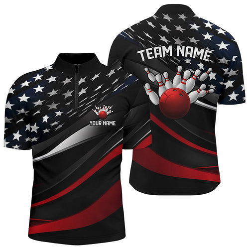 Custom American Flag Men'S Bowling Quarter Zip Shirts, Patriotic Team Bowling League Shirts IPHW5249