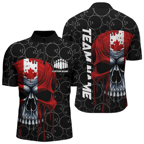 Canadian Flag Skull Bowling Team 1/4 Zip Shirts, Men'S Bowling Jerseys, Bowling League Shirt IPHW5260