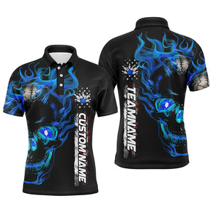 Custom Blue Flame Skull Bowling Team Shirts, Bowling Polo/ Quarter-Zip Shirts For Men And Women IPHW6097