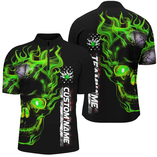 Custom Green Flame Skull Bowling Team Shirts, Bowling Polo/ Quarter-Zip Shirts For Men And Women IPHW6098