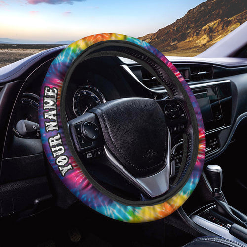 Colorful Tie Dye Swirl Pattern Custom Steering Wheel Cover, Hippie Spiral Car Accessories - IPHW1013