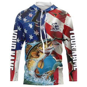 Personalized American Flag Walleye Long Sleeve Fishing Shirts, Patriotic Walleye Fisherman Jerseys IPHW6100