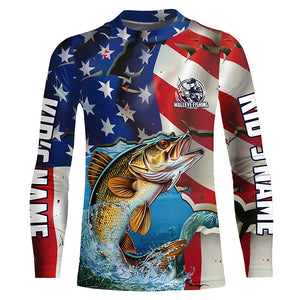 Personalized American Flag Walleye Long Sleeve Fishing Shirts, Patriotic Walleye Fisherman Jerseys IPHW6100