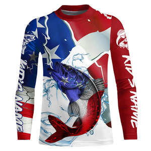 Walleye Fishing American Flag Custom Performance Long Sleeve Fishing Shirts, Patriotic Fishing Gifts IPHW6111