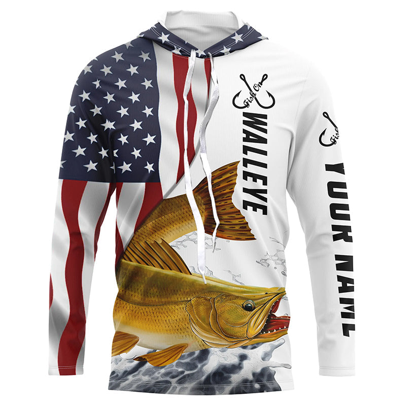 Walleye Fishing American Flag Custom Long Sleeve Fishing Shirts, Patri ...