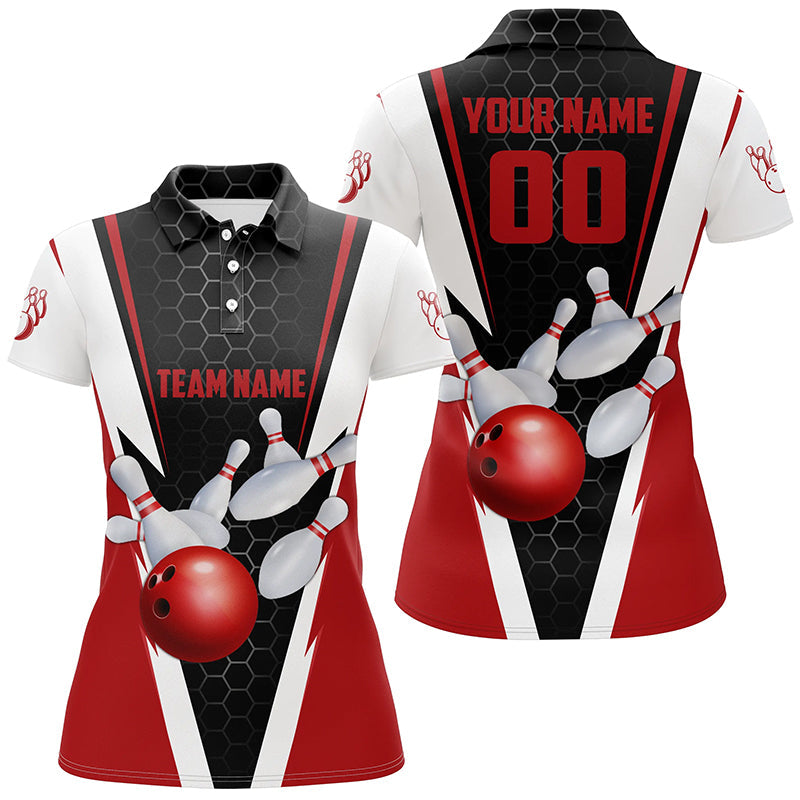 Custom Red Strike Bowling Polo Shirts For Women, Bowling Team Jerseys With Name And Number IPHW5280