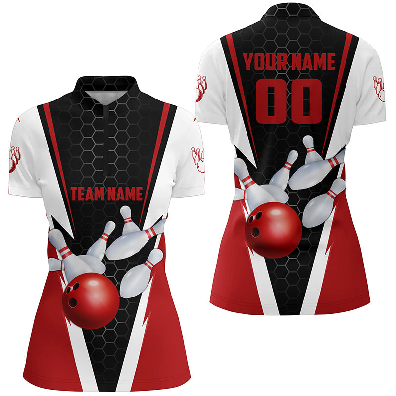 Custom Red Strike Bowling Ladies 1/4 Zip Shirts, Bowling Team Jerseys Name And Number IPHW5280