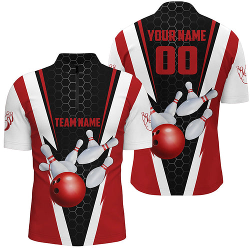 Custom Red Strike Bowling Quarter Zip Shirts For Men, Bowling Team Jerseys With Name And Number IPHW5280