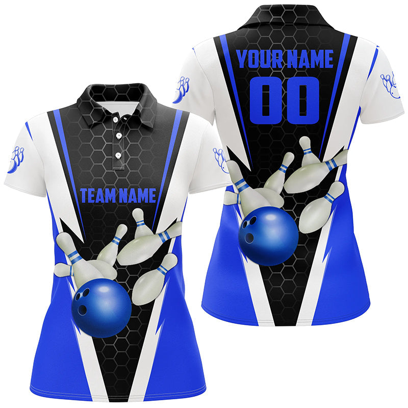 Custom Blue Strike Bowling Polo Shirts For Women, Bowling Team Jerseys With Name And Number IPHW5281