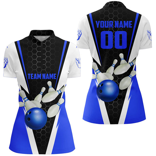Custom Blue Strike Bowling Ladies Quarter Zip Shirts, Bowling Team Jerseys Name And Number IPHW5281