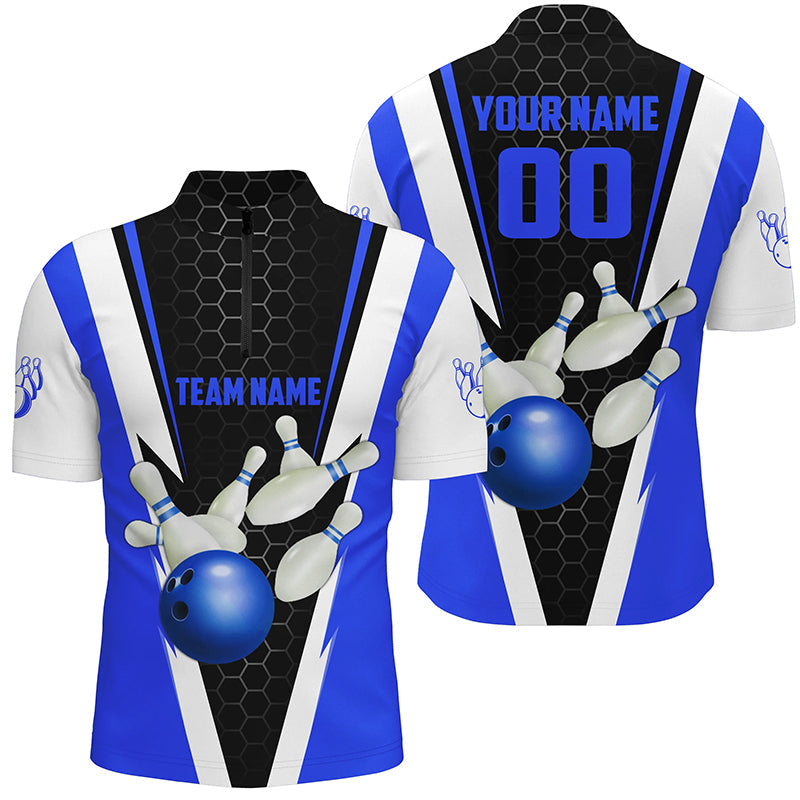 Custom Blue Strike Bowling Quarter Zip Shirts For Men, Bowling Team Jerseys With Name And Number IPHW5281