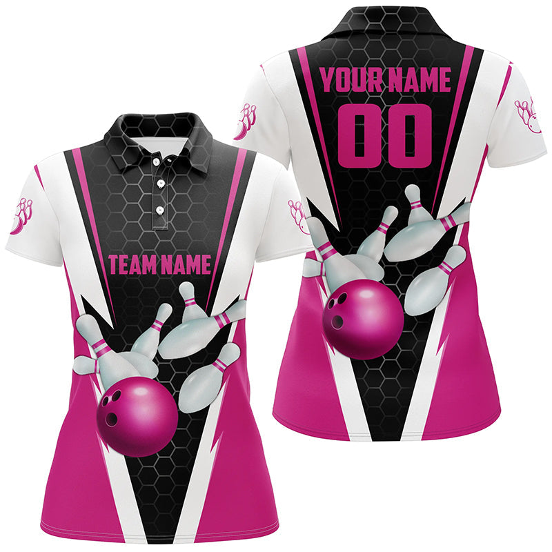 Custom Pink Strike Bowling Polo Shirts For Women, Bowling Team Jerseys With Name And Number IPHW5282