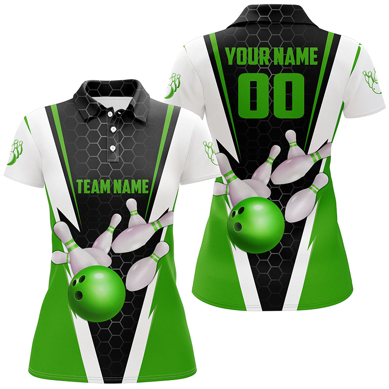 Custom Green Strike Bowling Polo Shirts For Women, Bowling Team Jerseys Name And Number IPHW5283