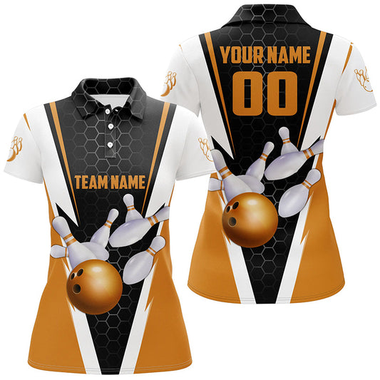 Custom Orange Strike Bowling Polo Shirts For Women, Bowling Team Jerseys Name And Number IPHW5284