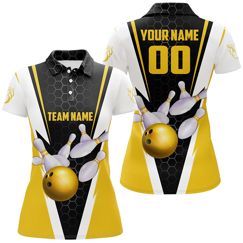 Custom Yellow Strike Bowling Polo Shirts For Women, Bowling Team Jerseys Name And Number IPHW5285