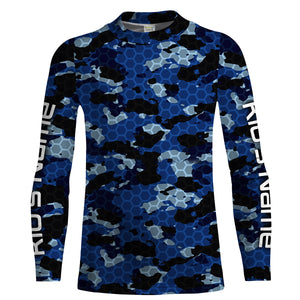 Custom Blue Fishing camo Long Sleeve performance Fishing Shirts, UV Protection Fishing apparel - IPHW1474