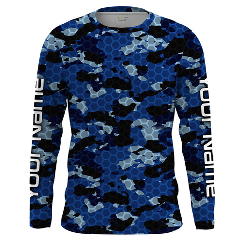 Custom Blue Fishing camo Long Sleeve performance Fishing Shirts, UV Protection Fishing apparel - IPHW1474