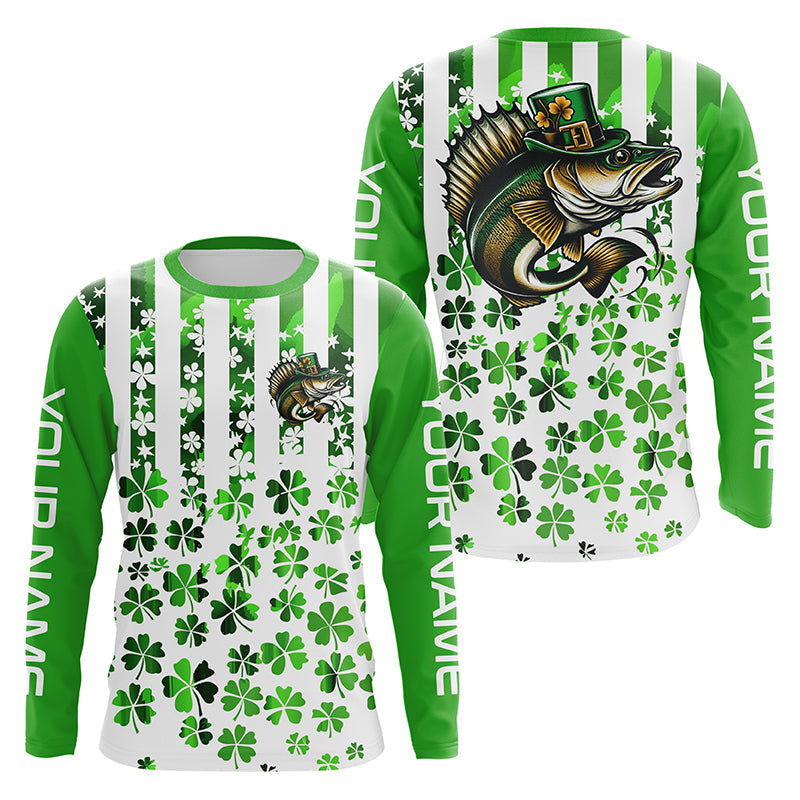 Personalized St Patrick'S Day Walleye Long Sleeve Fishing Shirts, Patriotic Walleye Fishing Jerseys IPHW5902