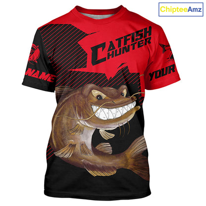 Angry Catfish Custom Long Sleeve Fishing Shirts, Catfish Hunter Fishing Jerseys | Black And Red IPHW4287