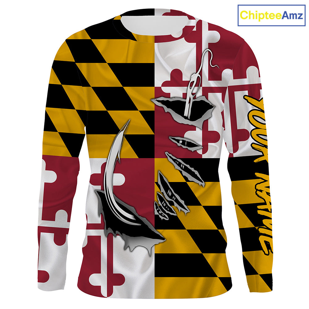 Maryland Flag 3D Fish Hook UV Protection Custom Long Sleeve performance Fishing Shirts IPHW493