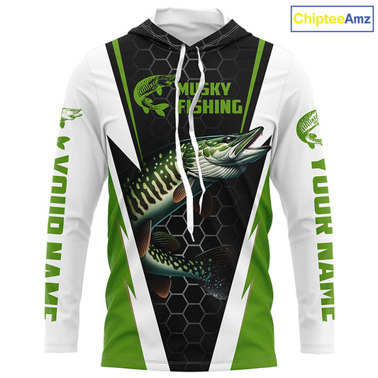 Personalized Musky Fishing Long Sleeve Tournament Fishing Shirts, Musky Fishing Jerseys |Green IPHW6142