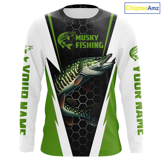 Personalized Musky Fishing Long Sleeve Tournament Fishing Shirts, Musky Fishing Jerseys |Green IPHW6142