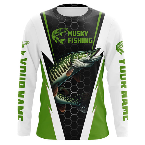 Personalized Musky Fishing Long Sleeve Tournament Fishing Shirts, Musky Fishing Jerseys |Green IPHW6142
